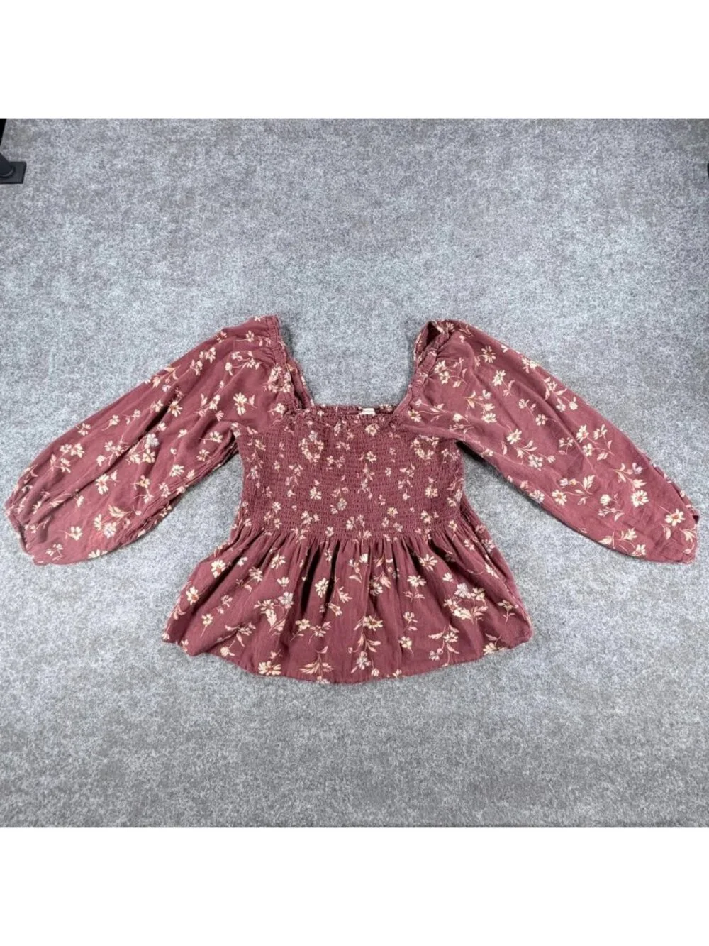 Madewell Lucie Peplum Blouse Womens 12 Dark Merlot Floral Smocked Square‎ Neck
